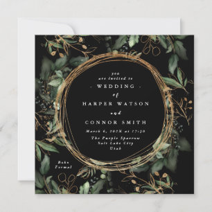 Black Gold Circle Frame Boho Botanical Eucalyptus Invitation