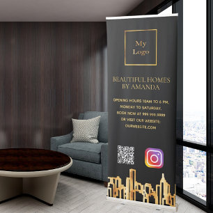 Black gold city skyline business logo Qr code Retractable Banner