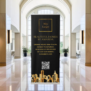 Black gold city skyline business logo Qr code Retractable Banner