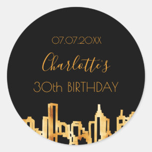 Black gold city skyline modern birthday party classic round sticker