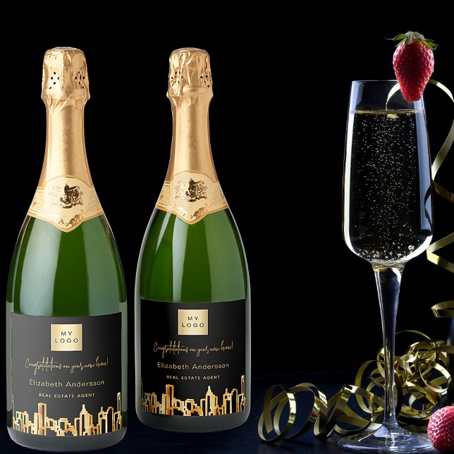 Black gold city skyline real estate agent logo sparkling wine label (Creator Uploaded)