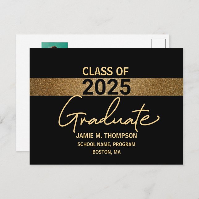 Black Gold Class of 2025 Graduation Photo Postcard (Front/Back)