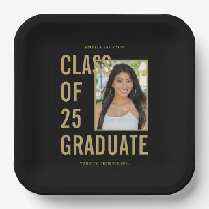 Black & Gold Class Of 2025 Photo Graduation Party Paper Plate