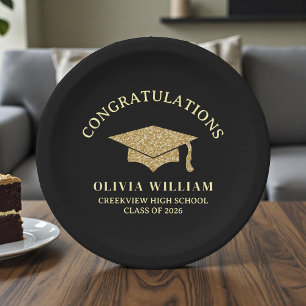 Black & Gold Class Of 2026 Graduation Party Paper Plate