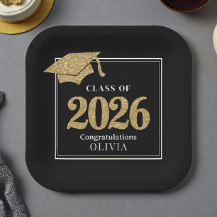 Black & Gold Class Of 2026 Paper Plate