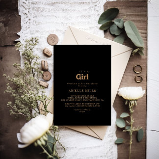Black Gold Classic Minimal It's A Girl Baby Shower Invitation