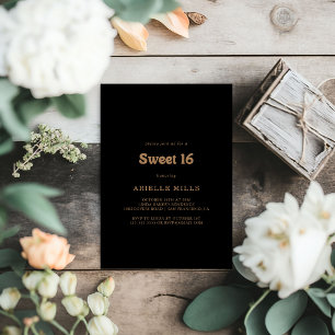 Black Gold Classic Minimal Sweet 16 Birthday Party Invitation