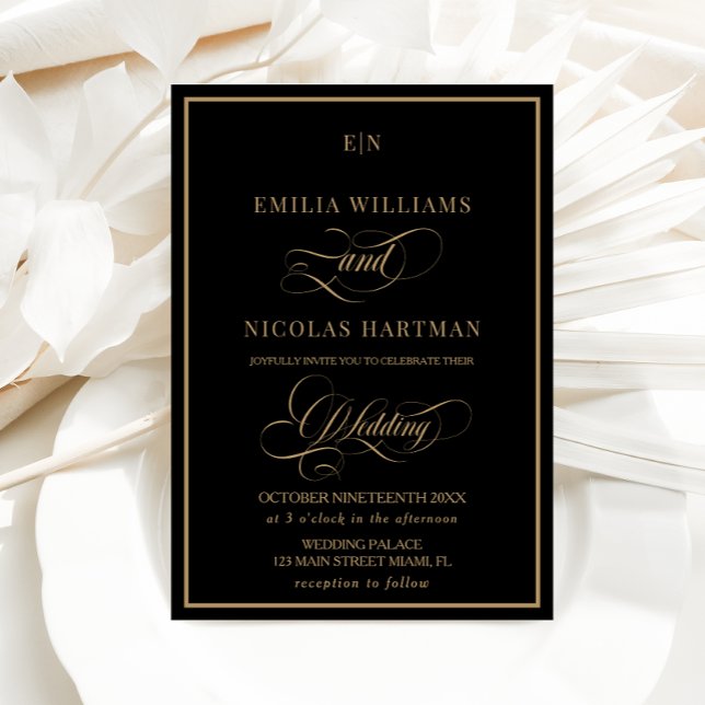 Black Gold Classic Monogram Wedding Invitation (Creator Uploaded)