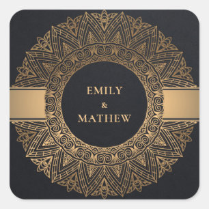 BLACK GOLD CLASSIC ORNATE MANDALA WEDDING SQUARE STICKER