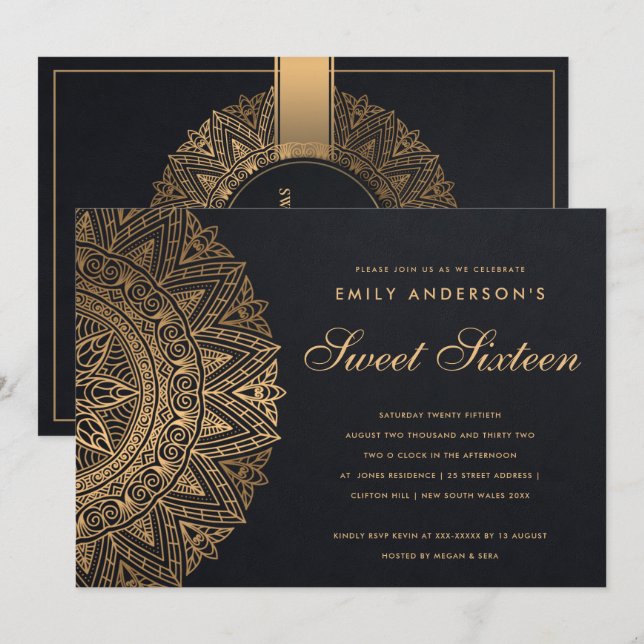 BLACK GOLD CLASSY ORNATE MANDALA SWEET 16 BIRTHDAY INVITATION (Front/Back)