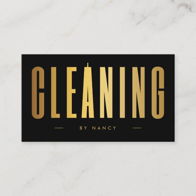 Black & Gold Cleaning Service Minimalist  Business Card (Front)