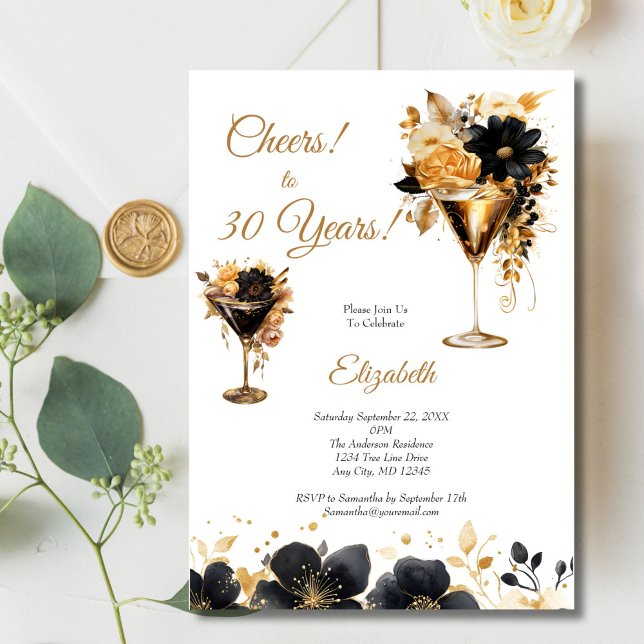 Black Gold Cocktails Drinks Florals 30th Birthday Invitation (Black gold Florals and Cocktails 30th birthday party invitation for her. Printed or Digital Download)