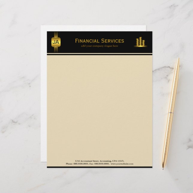 Black Gold Coins Accountant Business Letterhead (Front/Back In Situ)