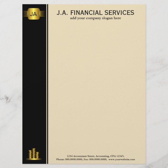 Black Gold Coins Custom Accounting Letterhead Template (Front)