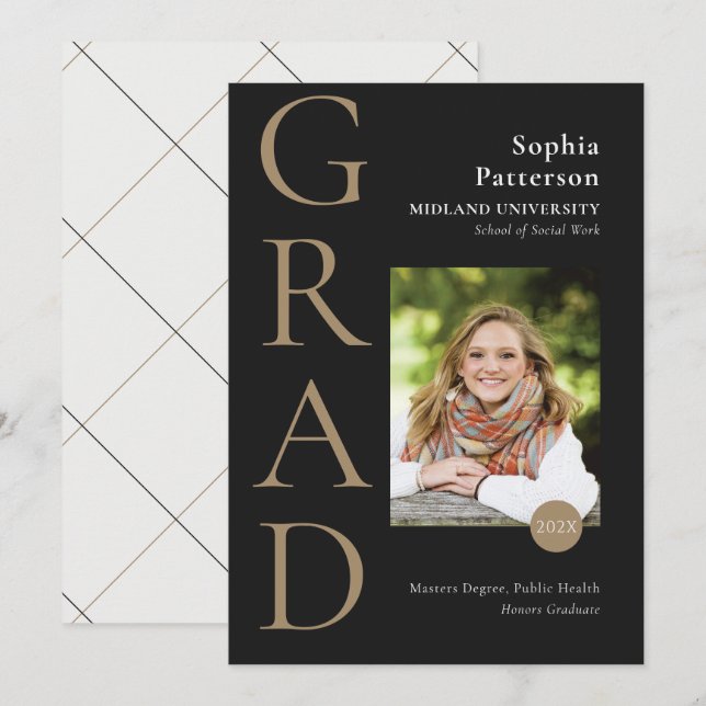 Black Gold College Graduate Photo  Announcement (Front/Back)