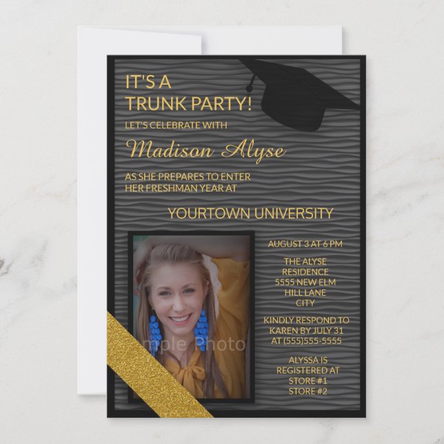 Black Gold College Trunk Party Dorm Shower Invite (Front)