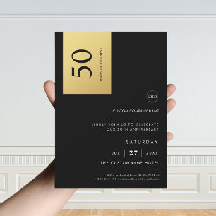 Black Gold Colour Block Business Anniversary Party Invitation