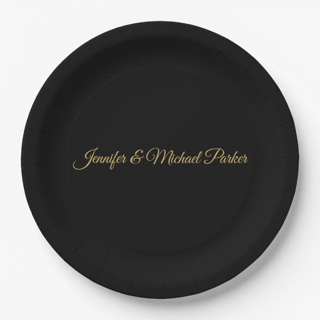 Black & Gold Colour Modern Creative Script Family Paper Plate (Front)