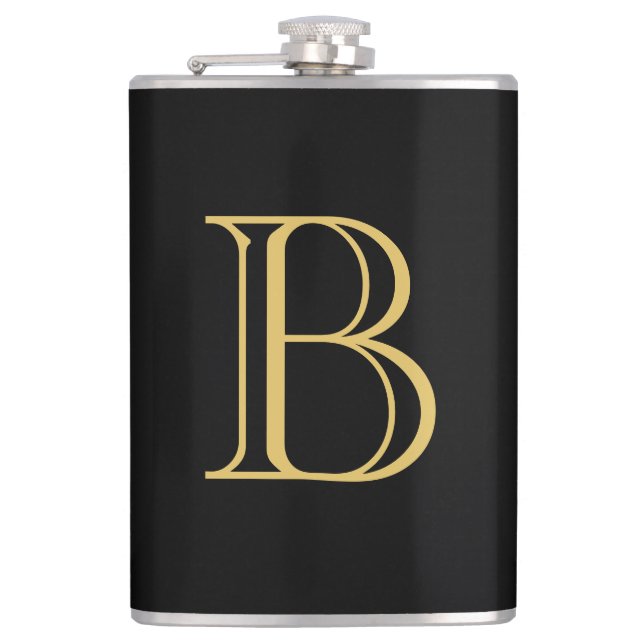 Black Gold Colour Monogram Professional Calligraph Hip Flask (Front)