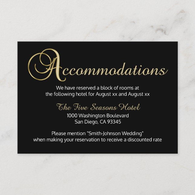Black Gold Colour Wedding Accommodation Card (Front)