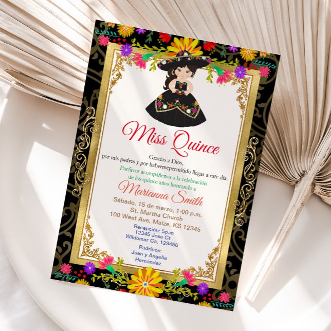 Black Gold Colourful Floral Quinceañera Invitation (Creator Uploaded)