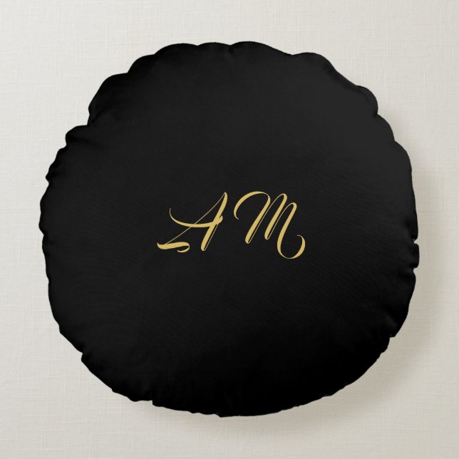 Black Gold Colours Monogram Initial Calligraphy Round Cushion (Front)