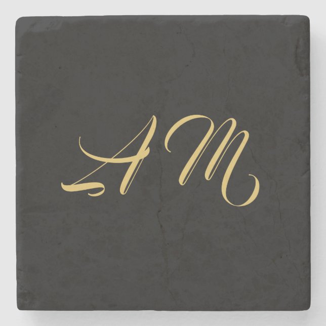 Black Gold Colours Monogram Initial Calligraphy Stone Coaster (Front)