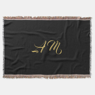 Black Gold Colours Monogram Initial Calligraphy Throw Blanket