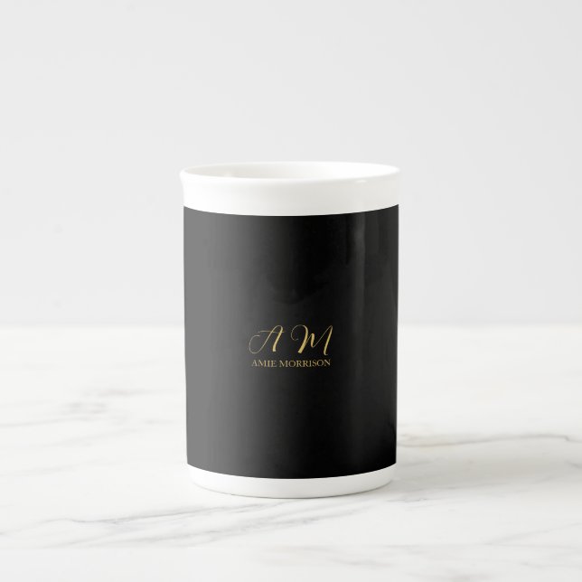 Black Gold Colours Monogram Initial Letter Name Bone China Mug (Front)