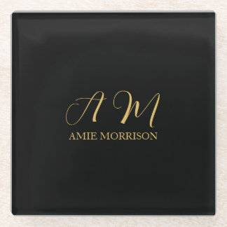 Black Gold Colours Monogram Initial Letter Name Glass Coaster