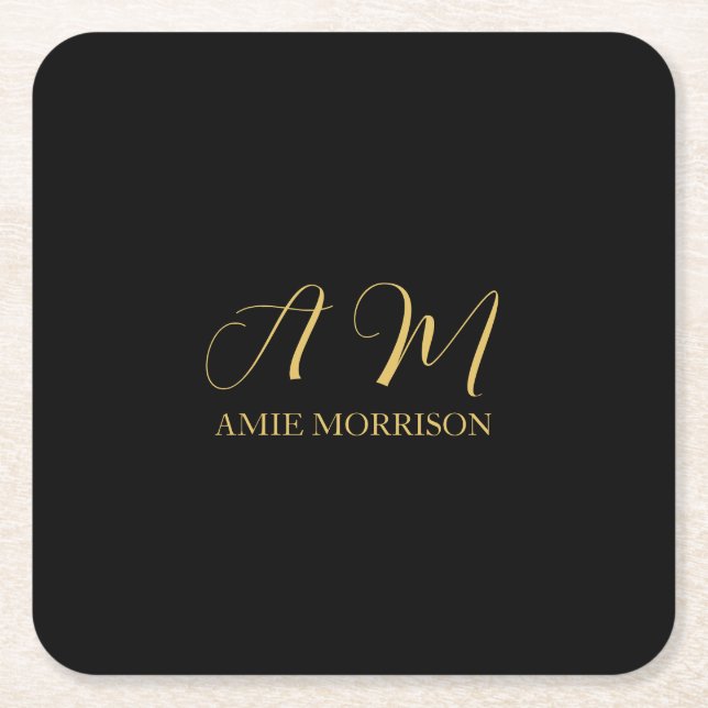 Black Gold Colours Monogram Initial Letter Name Square Paper Coaster (Front)