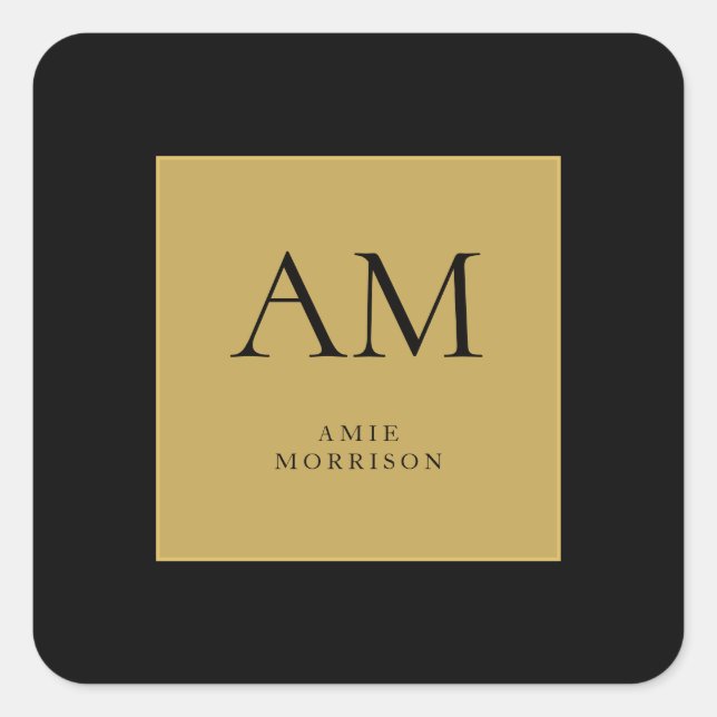 Black Gold Colours Monogram Initial Letter Name Square Sticker (Front)