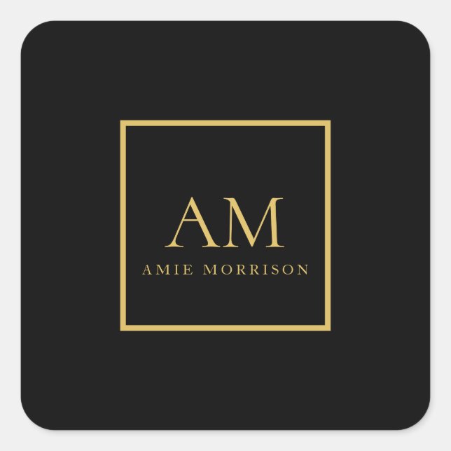 Black Gold Colours Monogram Initial Letter Name Square Sticker (Front)