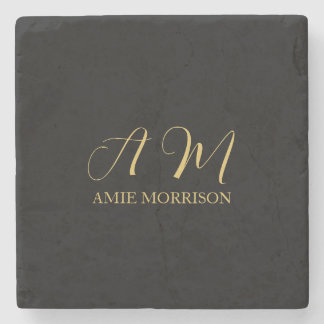 Black Gold Colours Monogram Initial Letter Name Stone Coaster