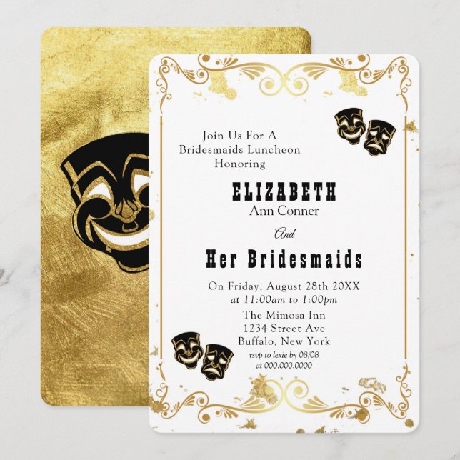 Black Gold Comedy & Tragedy Bridesmaids Luncheon Invitation (Front/Back)