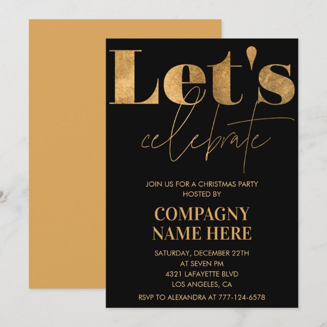 Black Gold Company Christmas Party Let's celebrate Invitation (Front/Back)