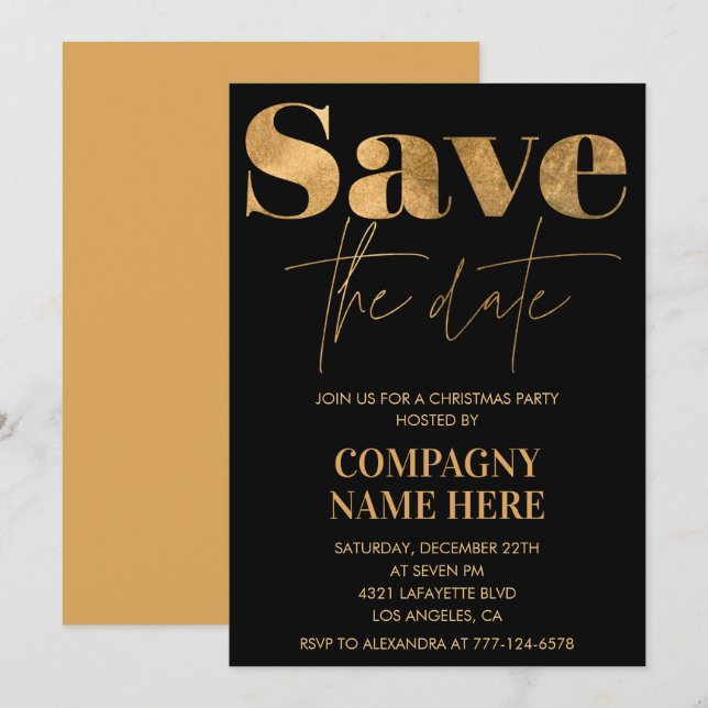 Black Gold Company Christmas Party  Save the date Invitation (Front/Back)
