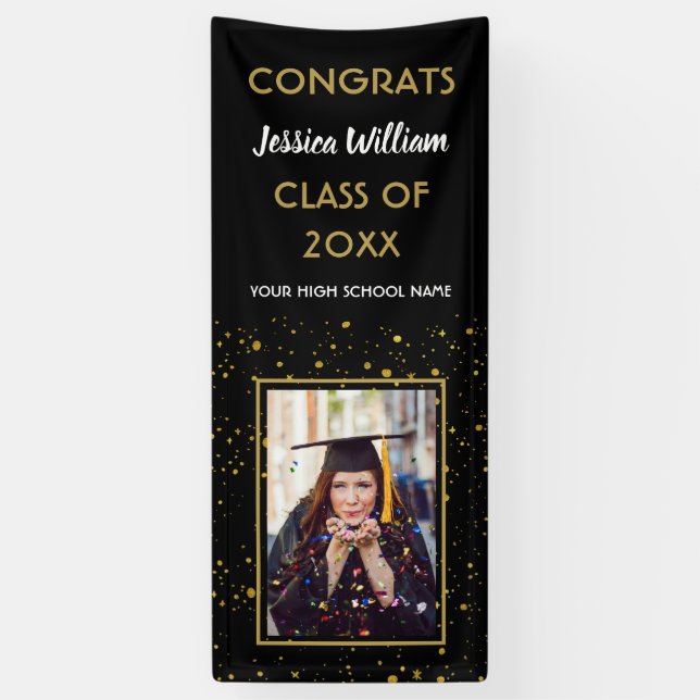 Black Gold Confetti 2023 Photo Graduation Party Banner (Vertical)