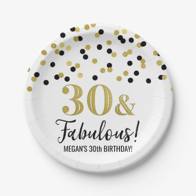 Black Gold Confetti 30 and Fabulous Birthday Paper Plate (Front)