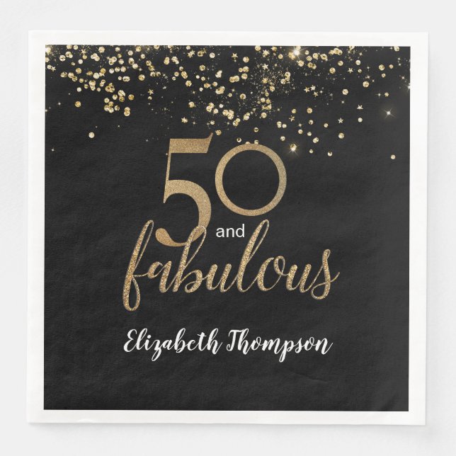 Black Gold Confetti 50 and fabulous 50th birthday Napkin (Front)