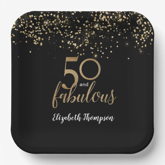 Black Gold Confetti 50 and fabulous 50th birthday Paper Plate (Front)