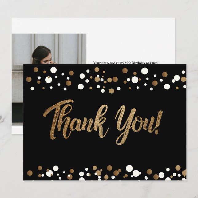Black Gold Confetti 50th birthday Custom photo Thank You Card (Front/Back)