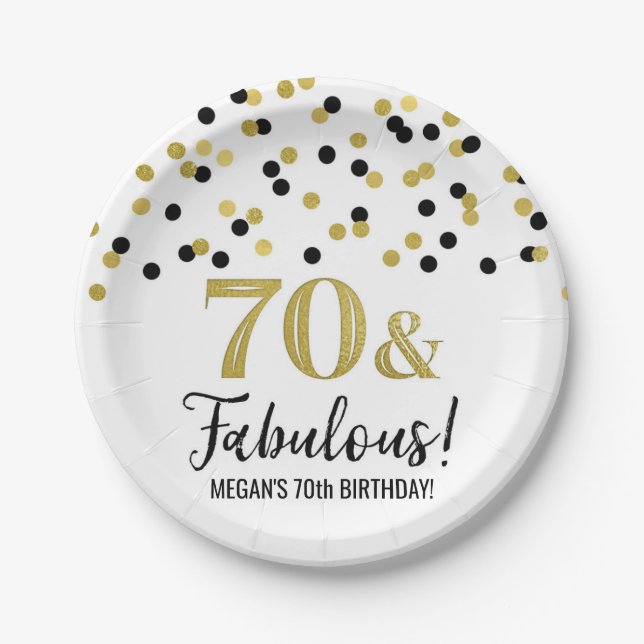 Black Gold Confetti 70 and Fabulous Birthday Paper Plate (Front)