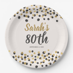 Black Gold Confetti 80th Birthday Paper Plate
