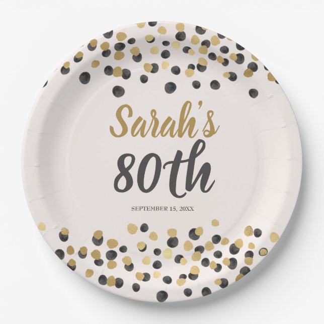Black Gold Confetti 80th Birthday  Paper Plate (Front)