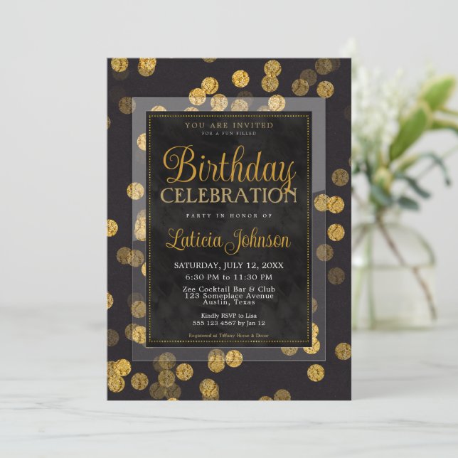 Black Gold Confetti Birthday Celebration Party Save The Date (Standing Front)