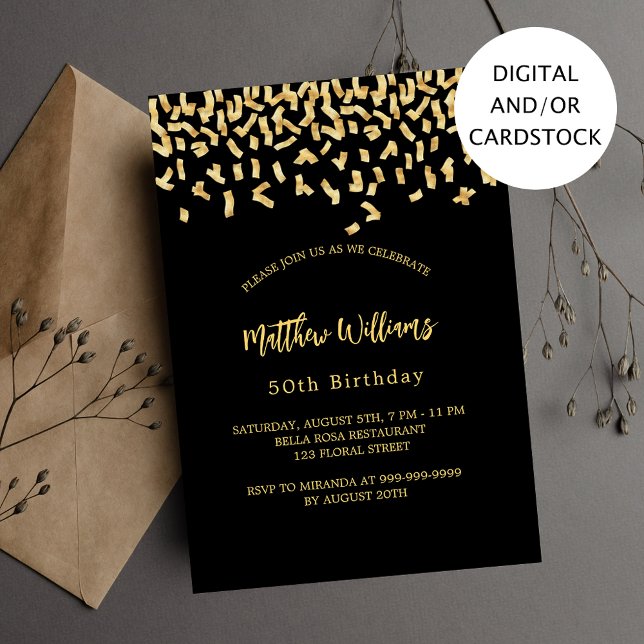 Black gold confetti birthday invitation (Creator Uploaded)