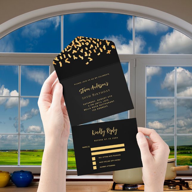 Black gold confetti birthday rsvp all in one invitation (Creator Uploaded)
