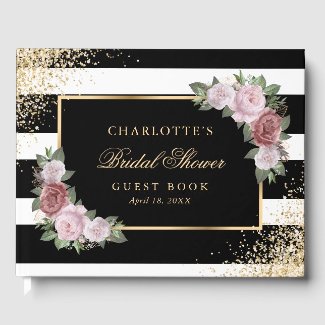 Black Gold Confetti Blush Floral Bridal Shower Guest Book (Front)