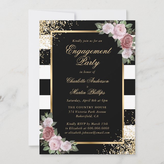 Black Gold Confetti Blush Floral Engagement Party Invitation (Front)